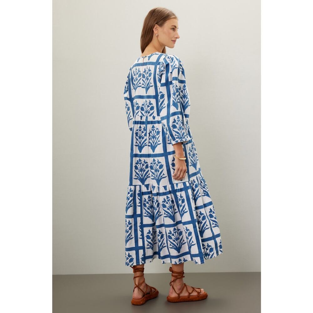 SZ BLOCKPRINTS Blue White Floral 100% Cotton Long Sleeve Orti A-Line Dress Small - Picture 2 of 16